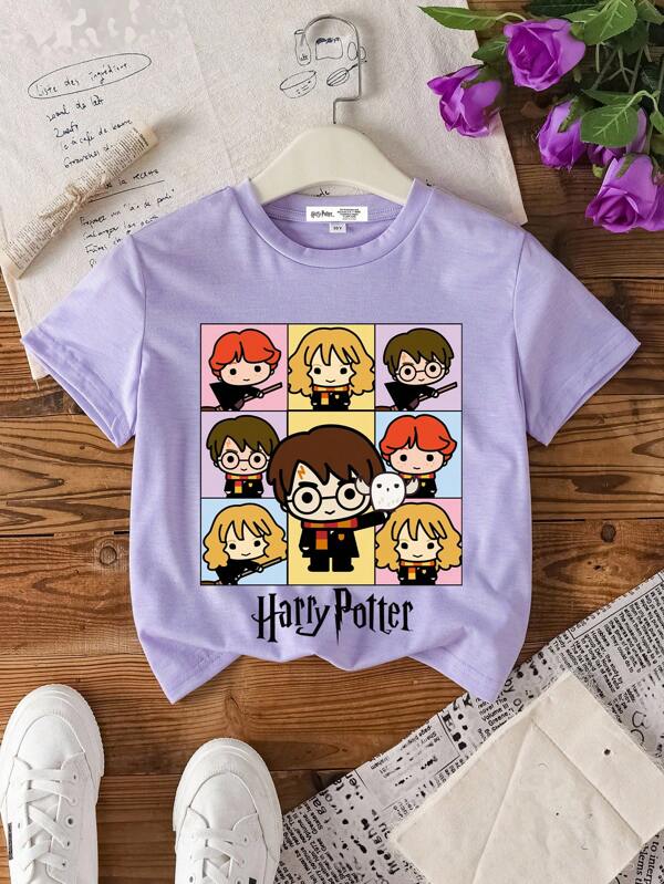 HARRY POTTER X SHEIN Tween Girl Casual Purple Round Neck Cute Cartoon & Letter Graphic Short Sleeve T-Shirt, Suitable For Summer