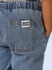 SUMWON 男童宽松牛仔裤，波浪纹拼接，松紧腰带抽绳设计，四季皆宜，日常穿着时尚百搭，适合秋冬季节度假穿着 - 藍色 - 查看 8