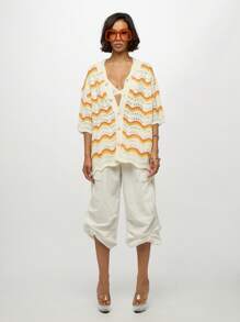 SUMWON WOMEN Wave Pattern Crochet Button Through Cardigan Summer Retro Style Bohemian Knit Sweater With Eyelet Detail Casual Beach Cover Up - Orange - View 3