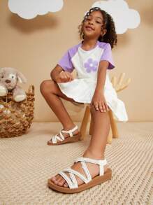 Mini mi 公主款女童白色优雅珍珠装饰绑带凉鞋，优雅舒适，适合日常或活动穿着 - 白色 - 查看 2