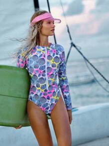 Swim SPRTY Women's Shell Print Zipper Front Long Sleeve Rashguards For Summer Beach Vacation