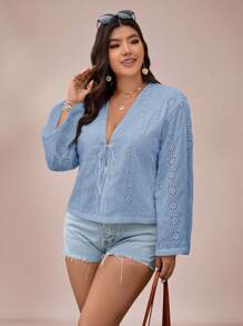 SHEIN VCAY 女士大码休闲纯色梭织宽松系带长袖衬衫 - 淺藍色 - 查看 4