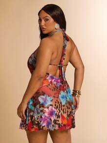 SHEIN BAE 大码女式休闲优雅花卉豹纹动物印花挂脖连衣裙，适合春夏季、休闲、度假 | 网眼短款紧身连衣裙、沙滩派对连衣裙、迷你连衣裙、音乐会连衣裙、沙滩派对连衣裙 - 紫色 - 查看 2