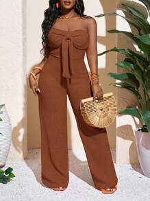 Slaydiva Novo Macacão Feminino de Tricô Laranja, Elegante e Sexy, com Top Tomara que Caia, Laço e Calça Reta de Perna Larga para Primavera e Verão - Castanho - Visão 4