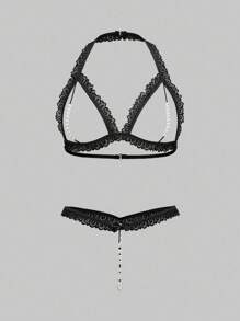 ROMWE Kawaii 性感蕾丝珍珠镂空内衣套装 - 黑色 - 查看 1