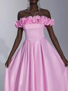 优雅奢华的露肩粉色 3D 花卉缎面舞会礼服，配有超大裙摆和拖尾，适合婚礼、生日派对、舞会、庆典、度假（大量装饰） - 粉色 - 查看 1