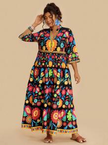 Travachic 大码女式热带花卉印花 V 领 3/4 袖黑色百搭休闲长裙，适合秋季 - 黑色 - 查看 2