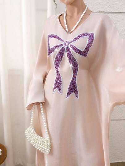 Yasmyna 女式亮片拼布蝴蝶结V领优雅长袖土耳其和阿拉伯传统长裙