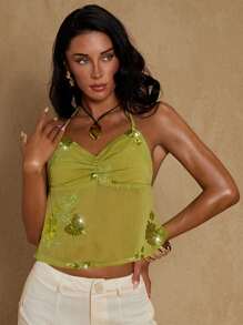 Glamine Glamine Damen glänzende Pailletten grüne sexy kurze Bluse, französischer V-Ausschnitt mit Brustfalten, pailletenverzierte Blumen, modische sexy Träger, schöner Rücken, Damen Top, geeignet für Sommerurlaub