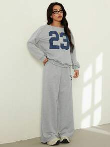 SHEIN PETITE 2件套女士休闲数字印花长袖上衣和长裤套装