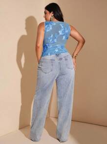 SHEIN BAE 大码女式优雅性感蕾丝边 V 领无袖吊带背心，适合度假、日常约会、夜间外出、俱乐部、派对、泳池派对、休闲度假、海滩 - 淺藍色 - 查看 5