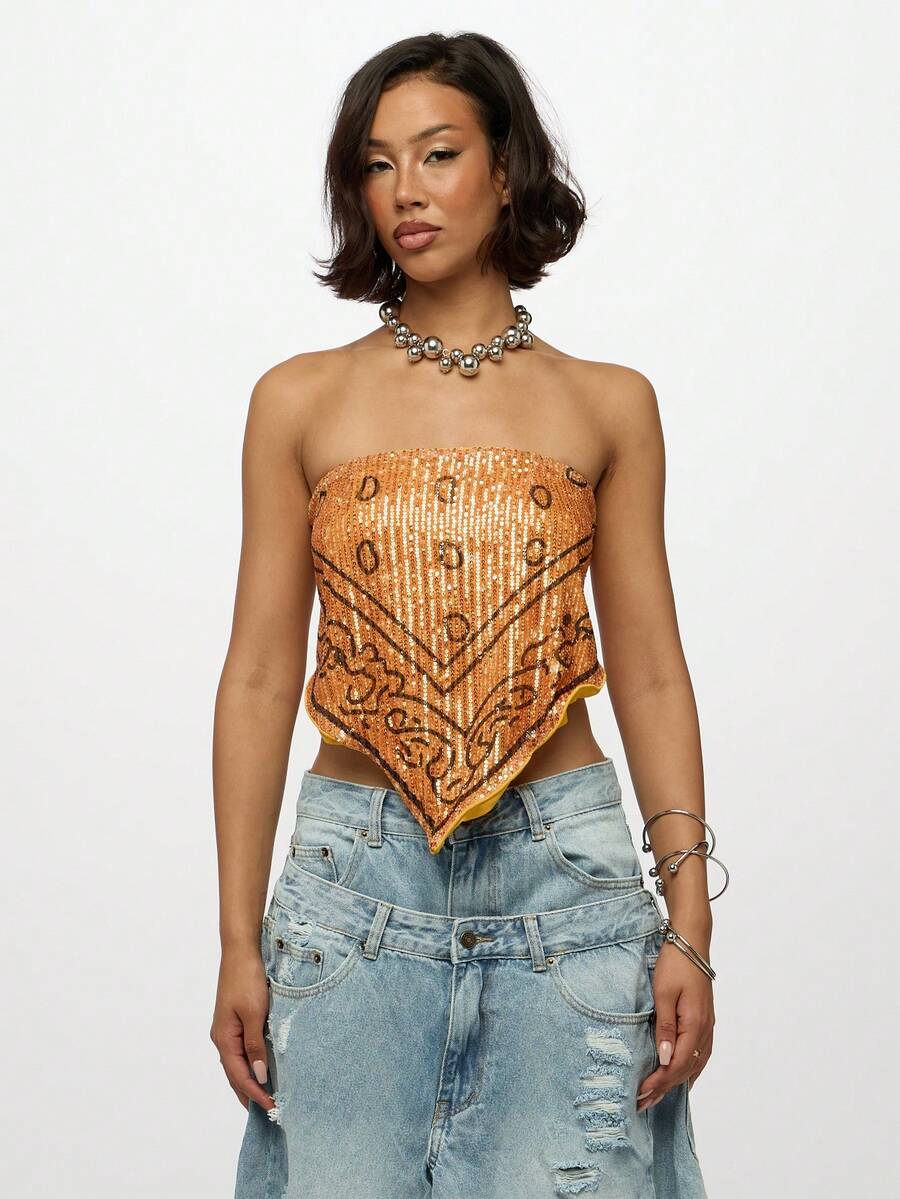SUMWON WOMEN Sequin Bandana Print Cover Up Crop Top Convertible Bandeau Strapless Festival Beach Resort Wear Clubwear Party Summer Vacation Poolside - Yellow - View 1