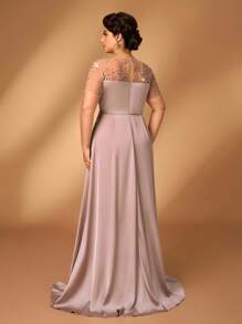 SHEIN Belle Plus Size Elegant And Gorgeous Champagne Color Hot Diamond Craft Stitching Computer Beading Round Neck Short Sleeve Pleated Slim Fishtail Hem Stitching Dress Suitable For Dinner Dance Bachelorette Party Date Holiday Wedding Event Evening Dress Bride Mother Dress Wedding Guest Dress Women