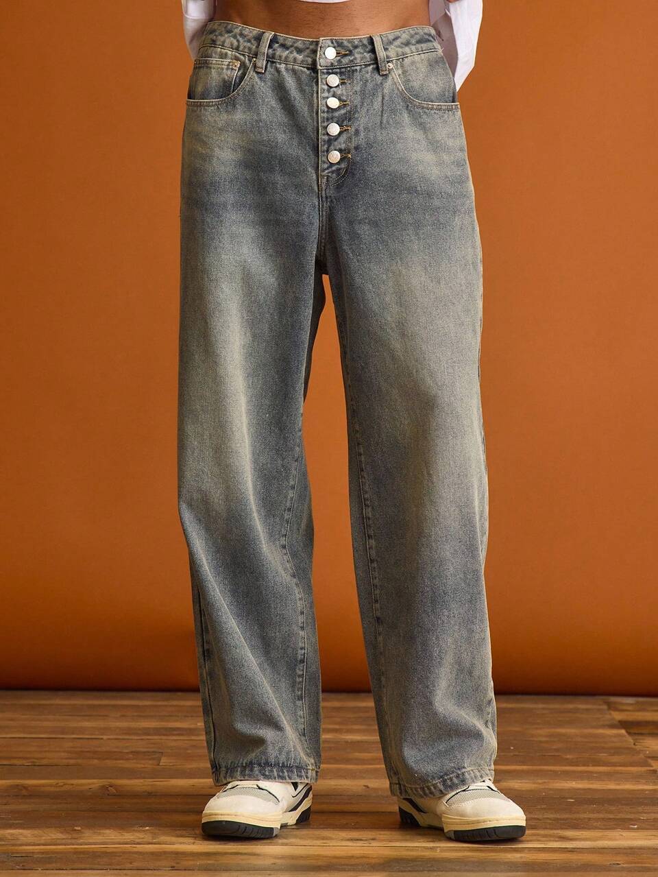 Washed Button Detailing Baggy Jeans Summer Holiday Vacation