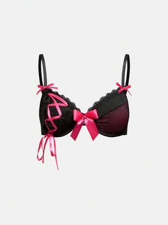 J-Fashion Reggiseno con fiocco bicolore con allacciatura, realizzato a mano con ferretto, reggiseno a rete di stile Y2K per donne