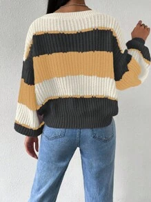 Chiquease 女士条纹圆领落肩宽松休闲套头毛衣针织套头衫秋冬 - 彩色 - 查看 2