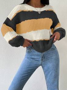 Chiquease 女士条纹圆领落肩宽松休闲套头毛衣针织套头衫秋冬 - 彩色 - 查看 5