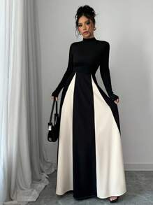 Rafferiza 欧美风撞色长袖A字连衣裙，收腰设计显瘦，秋冬女士长款连衣裙