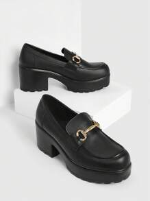 CUCCOO BIZCHIC Zapatos de mujer tipo mocasín con plataforma, detalle de pespunte y decoración metálica, elegantes, en color negro, para el verano, vacaciones, vuelta al colegio, estudiantes universitarios, básicos elegantes, casual de oficina, Navidad, otoño, Año Nuevo, vacaciones