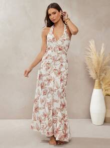 L'Amorae Vestido elegante con espalda anudada, tipo halter, de paneles y vuelo para vacaciones, atuendos de verano para mujeres