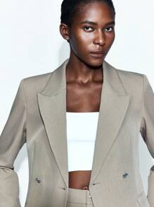 Maija 女士纯色泼墨印花翻领长袖双排扣夹克和裤子两件套休闲西装套装女式西装女式裤装西装外套套装女式西装两件套女式两件套商务休闲女装，秋季女装 - 卡其色 - 查看 6