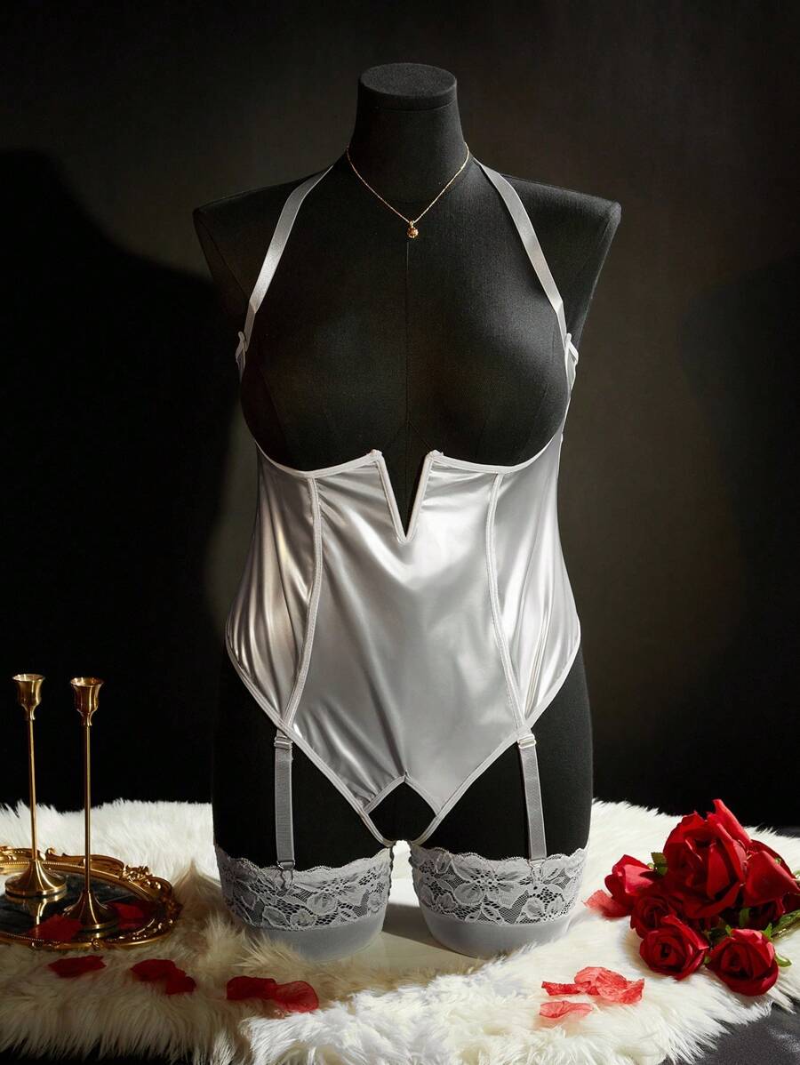 Plus Size Hollow Out Sexy Bodysuit PU Punk Alluring Lingerie