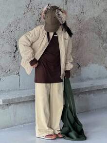 DAZY 青少年女孩格子绗缝韩版休闲街头长袖宽松棉服外套，冬季 - 米色 - 查看 5