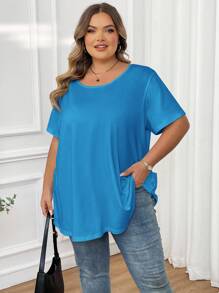 SHEIN CURVE+ Curve 大码/秋装/秋季女装/女士冬装/冬装大码纯色圆领休闲短袖 T 恤，夏季 - 藍色 - 查看 6