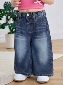 SHEIN 女婴蓝色牛仔宽松直筒裤 - 深色水洗藍 - 查看 3