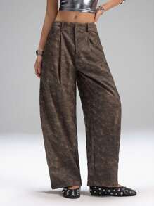 LYSMO 女式褶皱扎染喇叭裤弹力宽松裤 - 棕色 - 查看 6