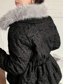 DAZY 女士撞色外套，毛绒拼接，碎花，褶皱腰身和荷叶边下摆，适合秋冬季夹克 - 黑色 - 查看 14
