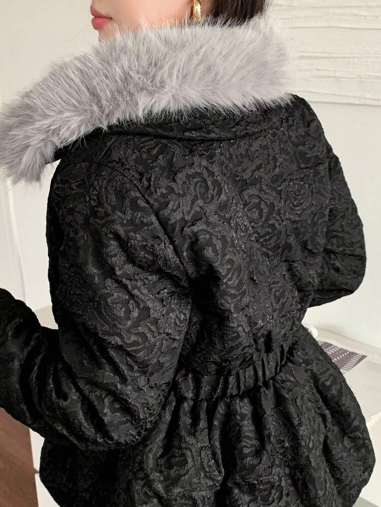 Women's Coat With Contrast Color, Plush Patchwork, Ditsy Floral, Shirred Waist And Ruffle Hem, Suitable For Autumn And Winter Jacket