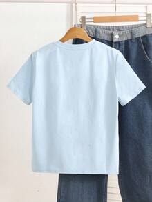 SHEIN 青少年女孩舒适休闲蓝色圆领 T 恤，大蝴蝶结设计，适合返校和校园穿着 - 淺藍色 - 查看 2