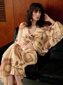 Aveloria Women Floral Print Chiffon Loose Two Pieces Set, Bat Wing Sleeves, Casual & Suitable For Holiday, 2pcs Women Chiffon Top & Vintage Floral Print Skirt Set, Bohemian Holiday Outfit Fall Women Clothes Fall Outfits Women Fall Autumn Clothes - Apricot - View 10