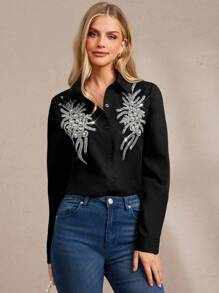 Amorya 女士优雅黑色串珠贴花短袖衬衫，适合多种场合，例如夏季返校、音乐会、返校节、办公室、教师节、晚宴、教堂活动、早午餐、生日派对、婚礼宾客等。 - 黑色 - 查看 5