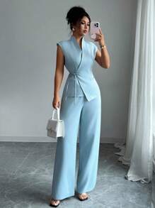 Rafferiza Franclia Women Fashion Lapel Ribbon Tie Waist Vest & Straight Leg Pants Suit Set Teacher Outfits Casual Outfits Spring - Blue - View 1