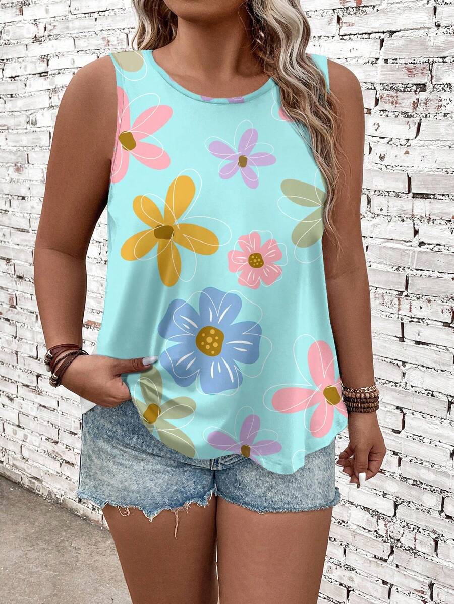 EMERY ROSE Plus Summer Floral Print Tank Top Flower Tank Top Back To School - Multicolor - View 1