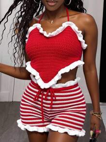 Slaydiva Women's Summer Red And White Stripe 2-Piece Knitted Set,Heart Shape Pendant Halter Top & Plaid Shorts,Casual Beach Vacation,Holiday Music Festival - Red - View 2