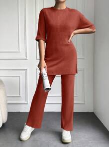 EURMUSE 100%Cotton Drop Shoulder Tee & Pants - Redwood - View 4