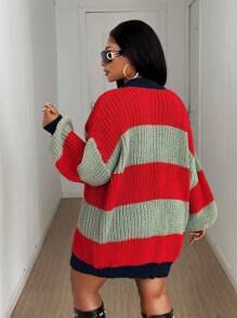 Maweii 大码女式拼色条纹格子休闲针织开衫 - 紅色 - 查看 3