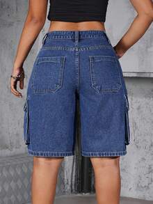 SHEIN Unity Women's Loose Utility Pocket Denim Shorts - Dark Wash - View 2