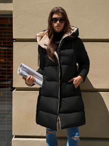 EURMUSE 2-Tone Hooded Zip-Up Pockets Mid-Length Padded Coat - Navy Blue - View 5