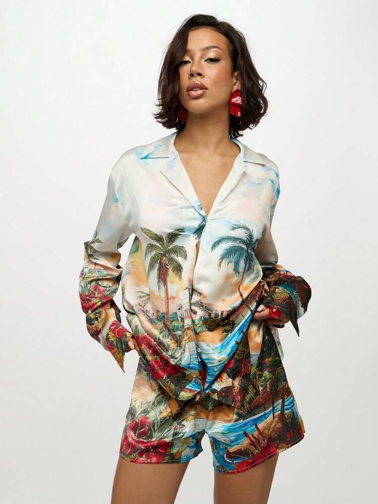 SUMWON WOMEN Tropical Paradise Resort Print Button Down Shirt