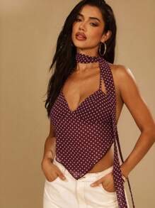 Denimoi Sheer Mesh Polka Dot Backless Halter Top With Scarf, Going Out - Brown - View 5