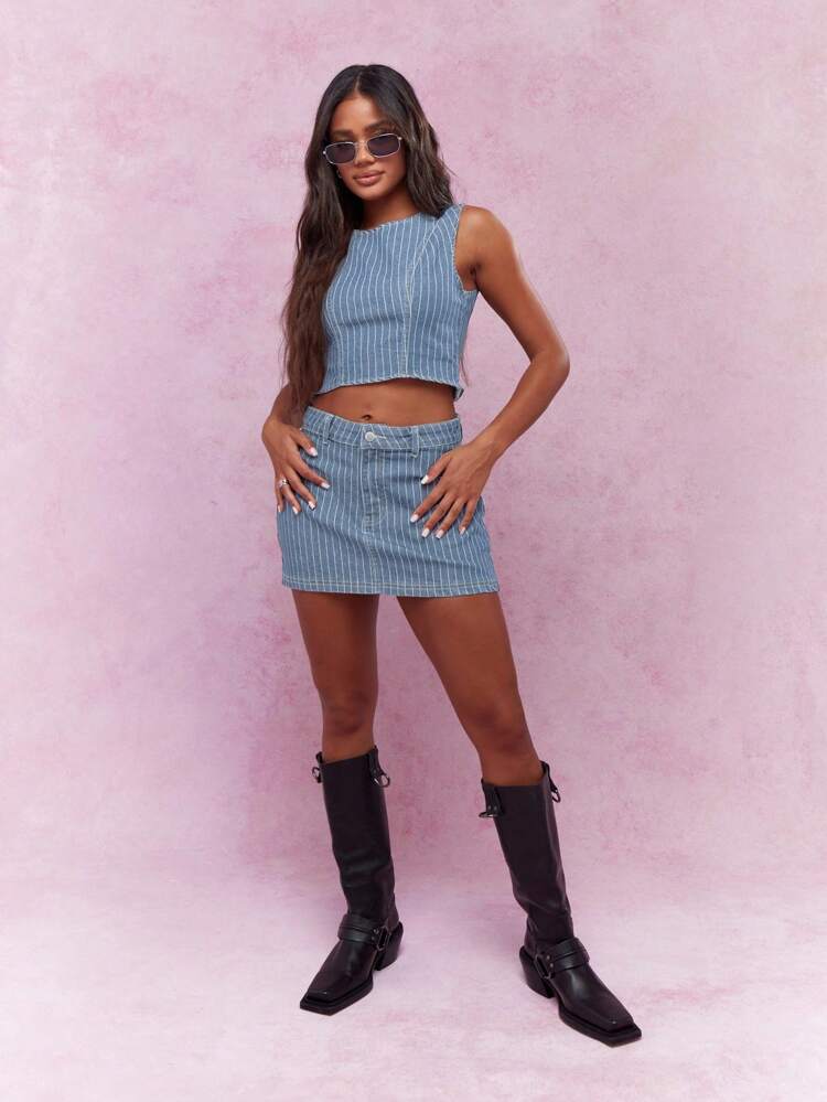 MISSGUIDED Vintage Style Denim Co Ord With Pinstripe Pattern