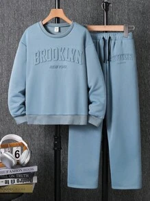 青少年秋冬两件套男童宽松落肩圆领毛衣抽绳腰直筒裤套装返校服男孩,校服,返校服 - 藍色 - 查看 1