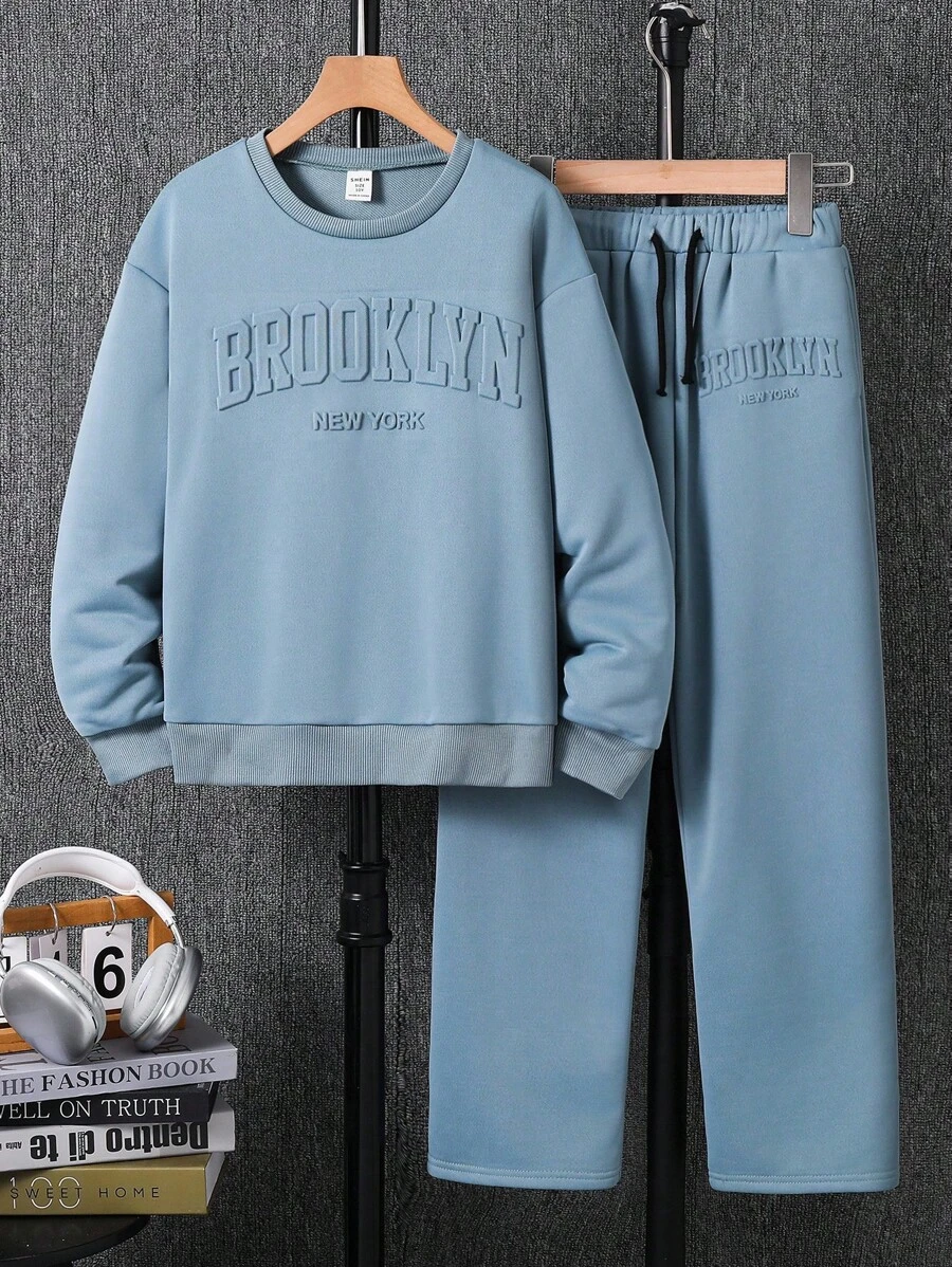 青少年秋冬两件套男童宽松落肩圆领毛衣抽绳腰直筒裤套装返校服男孩,校服,返校服 - 藍色 - 查看 1