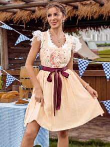 LanaWest Spring And Summer Sleeveless Square Neckline Printed Ribbon Apron Dress, Dirndl - Orange - View 1