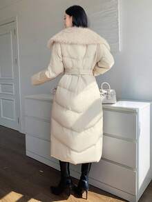 DAZY 女士休闲毛领拼接长袖冬季外套 - 米色 - 查看 2