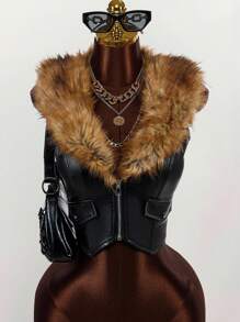 Amplova Women's Vintage Edgy Runway V-Neck Fluffy Cropped Jacket With Asymmetric Hem PU Leather In Fall/Winter - Multicolor - View 1